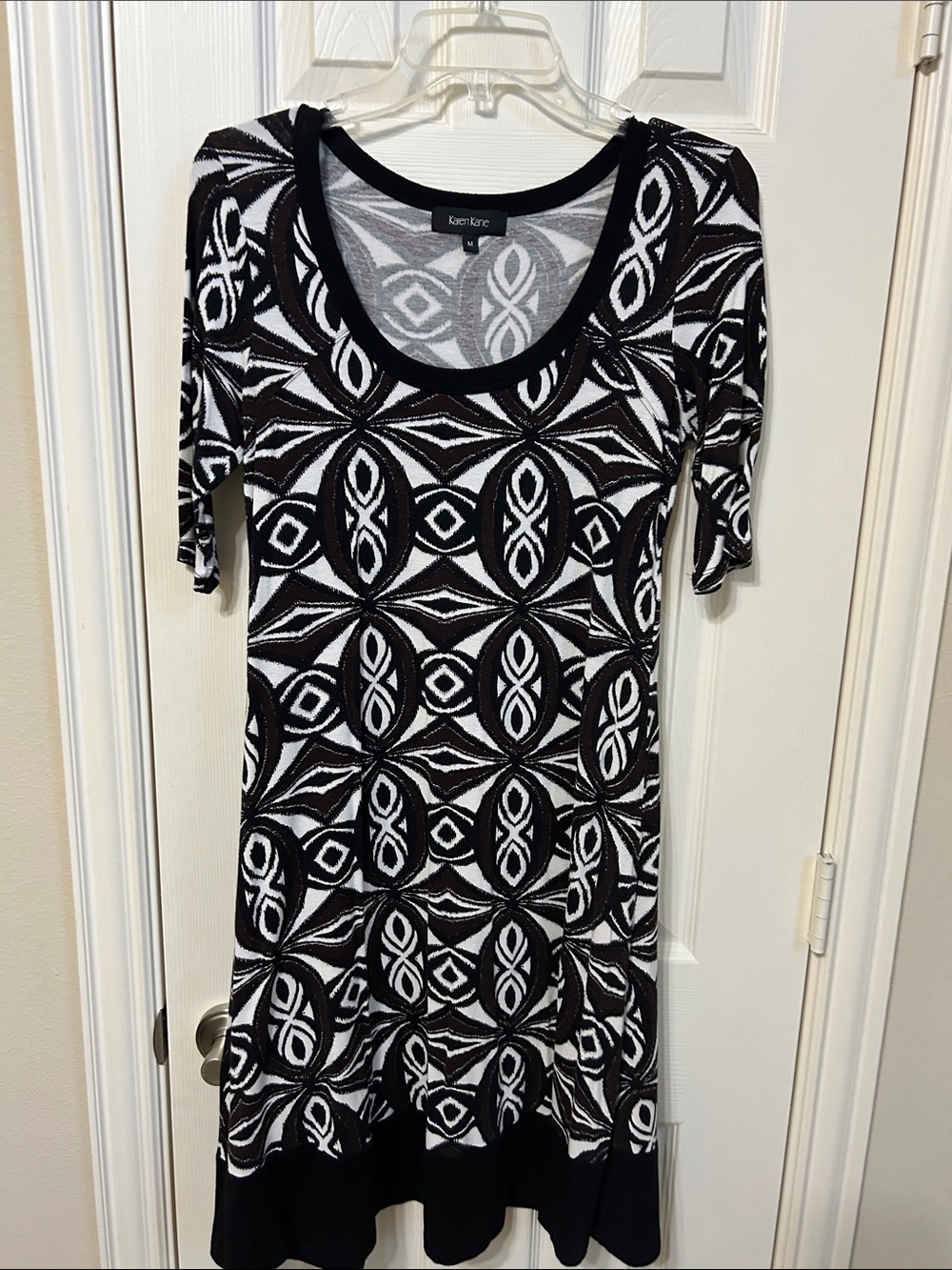 Karen Kane Black, Brown and White Geometric Scoop-Neck Midi Dress